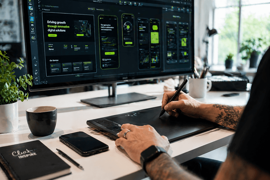 Designer using a tablet to refine a growth-focused digital dashboard